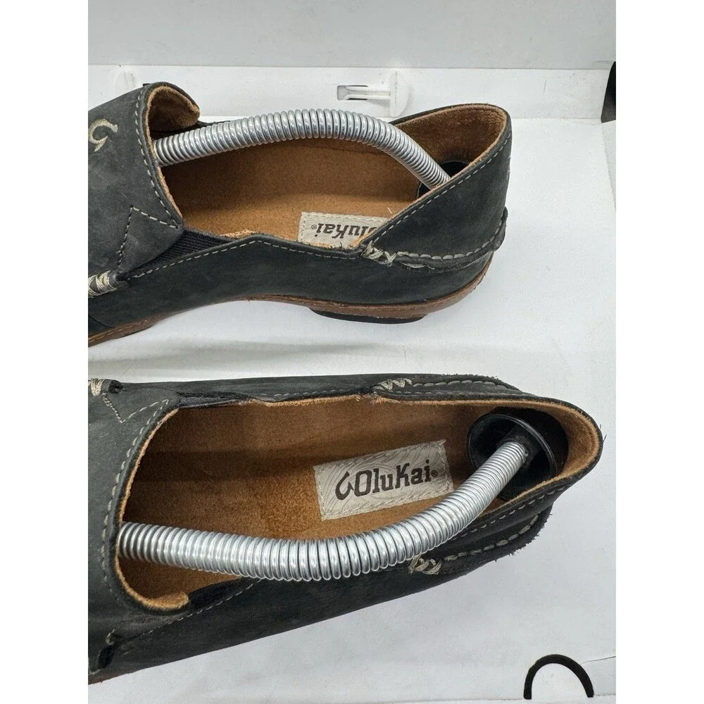 OLUKAI Moloa Leather Nubuck Mens Size 10.5 Black Slip On Shoes 10128 4033